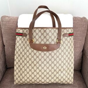 Authentic Gucci GG Canvas Web Sherry Line Tote bag large brown monogram canvas